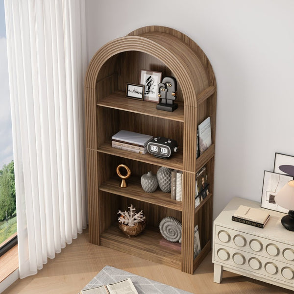 English Elm 78.74" Arched Four-tier Open Bookcase Mid-century Wood-grain Finish for Living Spaces Brown W757P367145