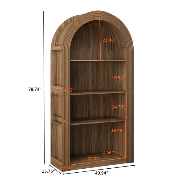 English Elm 78.74" Arched Four-tier Open Bookcase Mid-century Wood-grain Finish for Living Spaces Brown W757P367145