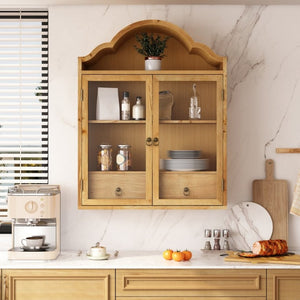 English Elm Vintage Solid Wood Wall Cabinet with Distressed Finish and Sculpted Wave Top for Farmhouse Rooms W757P383533