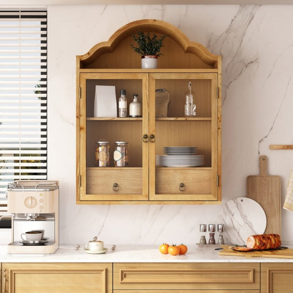 English Elm Vintage Solid Wood Wall Cabinet with Distressed Finish and Sculpted Wave Top for Farmhouse Rooms W757P383533