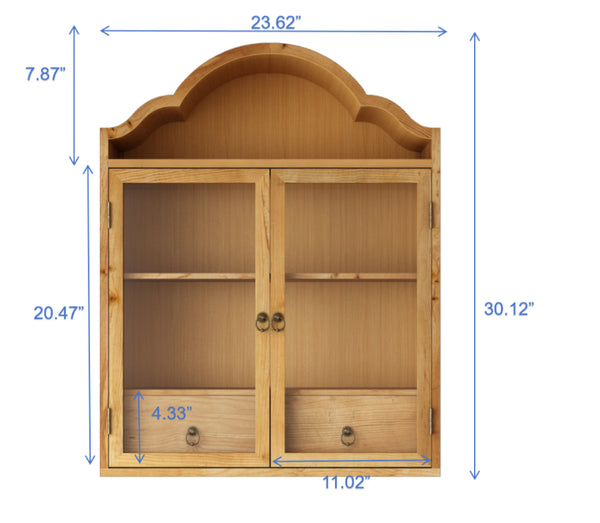 English Elm Vintage Solid Wood Wall Cabinet with Distressed Finish and Sculpted Wave Top for Farmhouse Rooms W757P383533