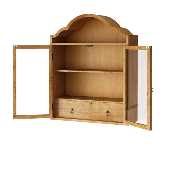 English Elm Vintage Solid Wood Wall Cabinet with Distressed Finish and Sculpted Wave Top for Farmhouse Rooms W757P383533