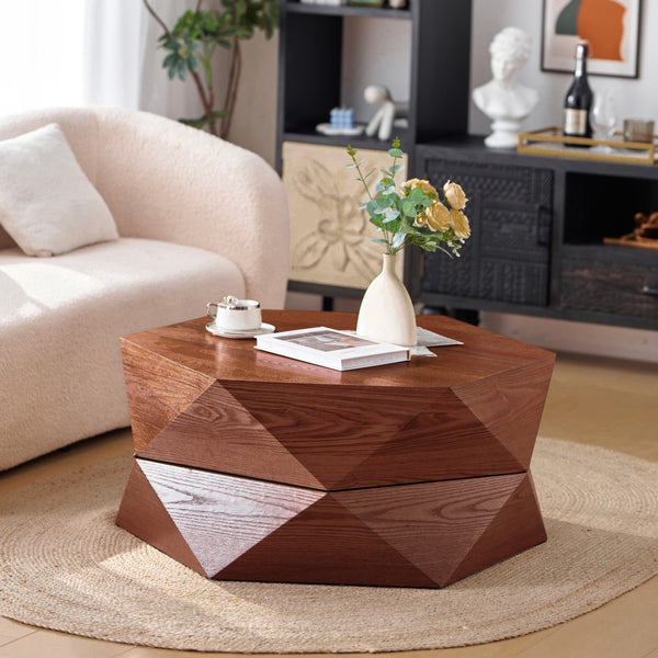 English Elm 36.61'' Polygon Drum Coffee Table Retro Geometric Flip Top Hidden Storage Wood Veneer Reddish Brown W757P403830