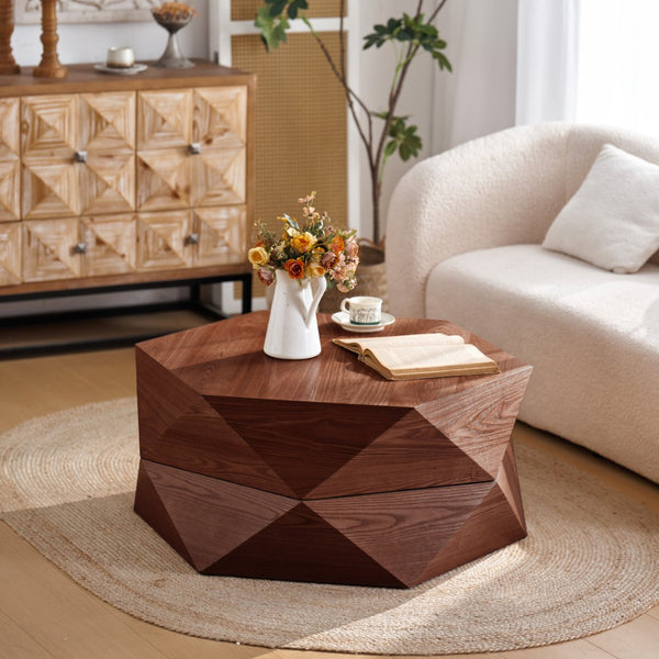 English Elm 36.61'' Polygon Drum Coffee Table Retro Geometric Flip Top Hidden Storage Wood Veneer Reddish Brown W757P403830