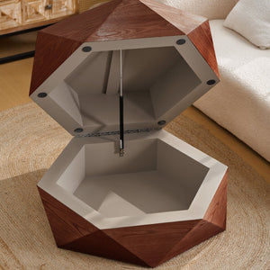 English Elm 36.61'' Polygon Drum Coffee Table Retro Geometric Flip Top Hidden Storage Wood Veneer Reddish Brown W757P403830