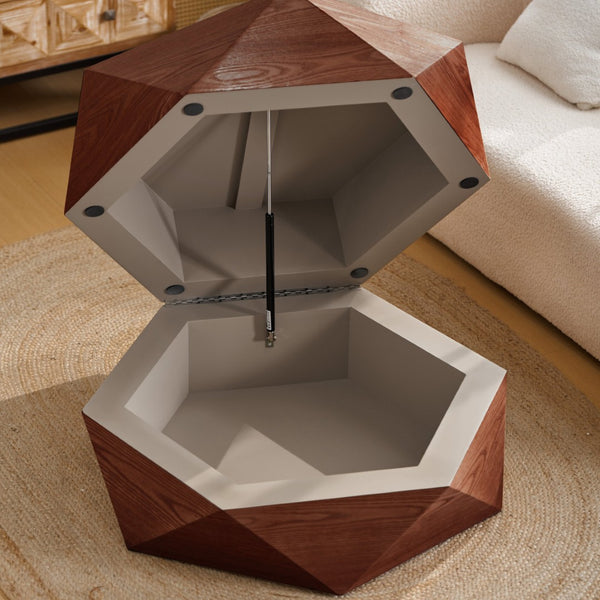English Elm 36.61'' Polygon Drum Coffee Table Retro Geometric Flip Top Hidden Storage Wood Veneer Reddish Brown W757P403830