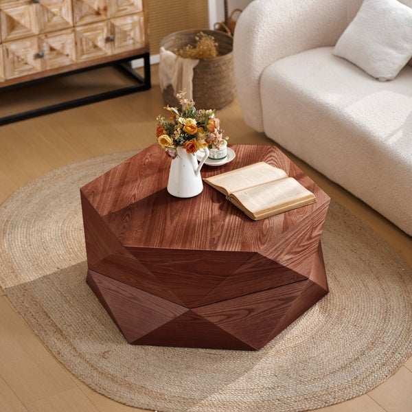 English Elm 36.61'' Polygon Drum Coffee Table Retro Geometric Flip Top Hidden Storage Wood Veneer Reddish Brown W757P403830