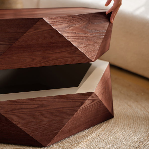 English Elm 36.61'' Polygon Drum Coffee Table Retro Geometric Flip Top Hidden Storage Wood Veneer Reddish Brown W757P403830