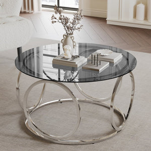 English Elm 31.5"modern Round Tempered Glass Coffee Table Chrome Sculptural Base for Living Room W757P412797