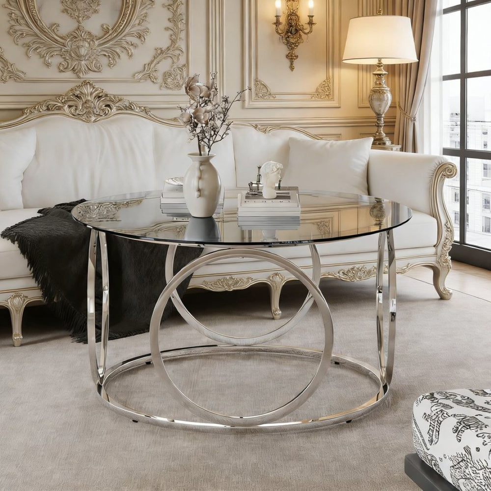 English Elm 31.5"modern Round Tempered Glass Coffee Table Chrome Sculptural Base for Living Room W757P412797