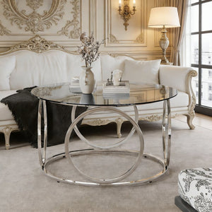 English Elm 31.5"modern Round Tempered Glass Coffee Table Chrome Sculptural Base for Living Room W757P412797