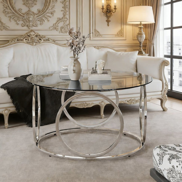 English Elm 31.5"modern Round Tempered Glass Coffee Table Chrome Sculptural Base for Living Room W757P412797