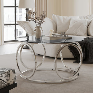 English Elm 31.5"modern Round Tempered Glass Coffee Table Chrome Sculptural Base for Living Room W757P412797