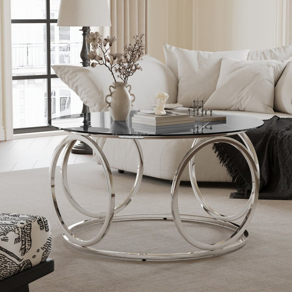 English Elm 31.5"modern Round Tempered Glass Coffee Table Chrome Sculptural Base for Living Room W757P412797