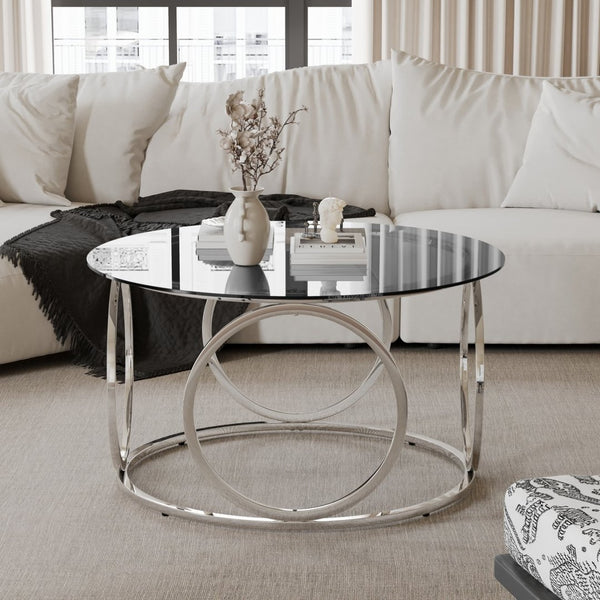 English Elm 31.5"modern Round Tempered Glass Coffee Table Chrome Sculptural Base for Living Room W757P412797