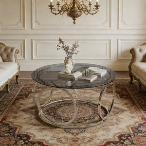 English Elm 31.5"modern Round Tempered Glass Coffee Table Chrome Sculptural Base for Living Room W757P412797