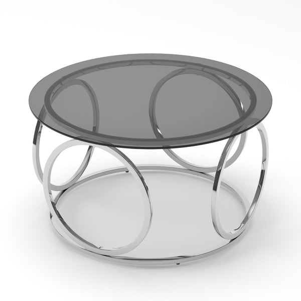 English Elm 31.5"modern Round Tempered Glass Coffee Table Chrome Sculptural Base for Living Room W757P412797