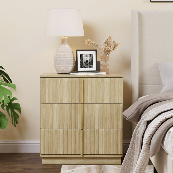 English Elm 25.39Vertical Stripe Three Drawer Nightstand Retro MDF Cabinet for Bedroom or Home Office Natural W757P467159