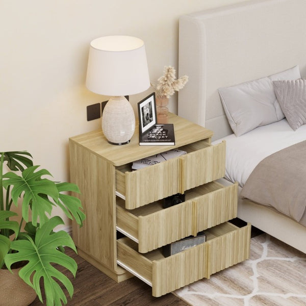 English Elm 25.39Vertical Stripe Three Drawer Nightstand Retro MDF Cabinet for Bedroom or Home Office Natural W757P467159