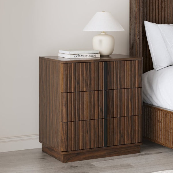 English Elm 25.39Vertical Stripe Three Drawer Nightstand Retro MDF Cabinet for Bedroom or Home Office Walnut W757P467277