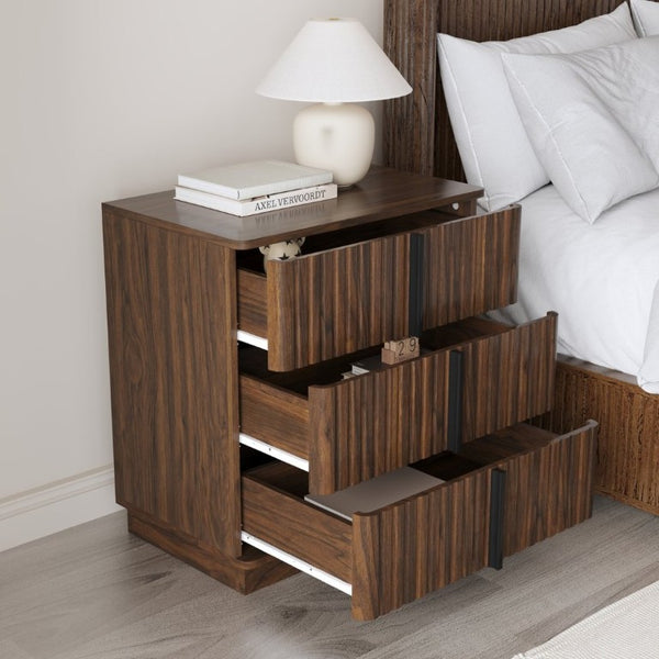English Elm 25.39Vertical Stripe Three Drawer Nightstand Retro MDF Cabinet for Bedroom or Home Office Walnut W757P467277