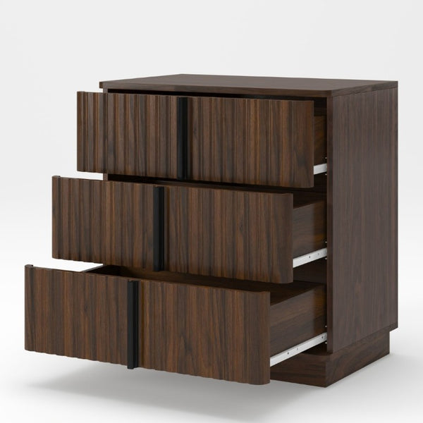English Elm 25.39Vertical Stripe Three Drawer Nightstand Retro MDF Cabinet for Bedroom or Home Office Walnut W757P467277