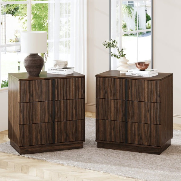 English Elm 25.39Vertical Stripe Walnut 3 Drawer Nightstand Set Retro MDF Cabinet for Bedroom Office W757P467278