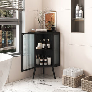 English Elm 22.25 Inch Triangular Corner Cabinet with Tempered Glass Door and Iron Frame Storage 22.25 x 16.54 x 31.5 inches W757P480553