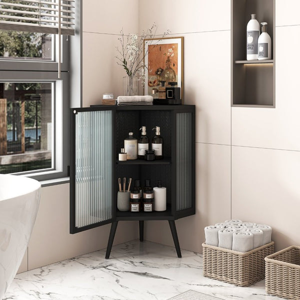 English Elm 22.25 Inch Triangular Corner Cabinet with Tempered Glass Door and Iron Frame Storage 22.25 x 16.54 x 31.5 inches W757P480553