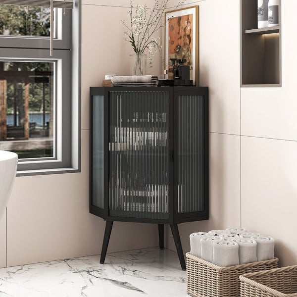 English Elm 22.25 Inch Triangular Corner Cabinet with Tempered Glass Door and Iron Frame Storage 22.25 x 16.54 x 31.5 inches W757P480553