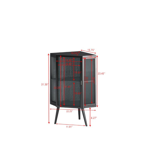 English Elm 22.25 Inch Triangular Corner Cabinet with Tempered Glass Door and Iron Frame Storage 22.25 x 16.54 x 31.5 inches W757P480553