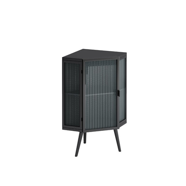 English Elm 22.25 Inch Triangular Corner Cabinet with Tempered Glass Door and Iron Frame Storage 22.25 x 16.54 x 31.5 inches W757P480553