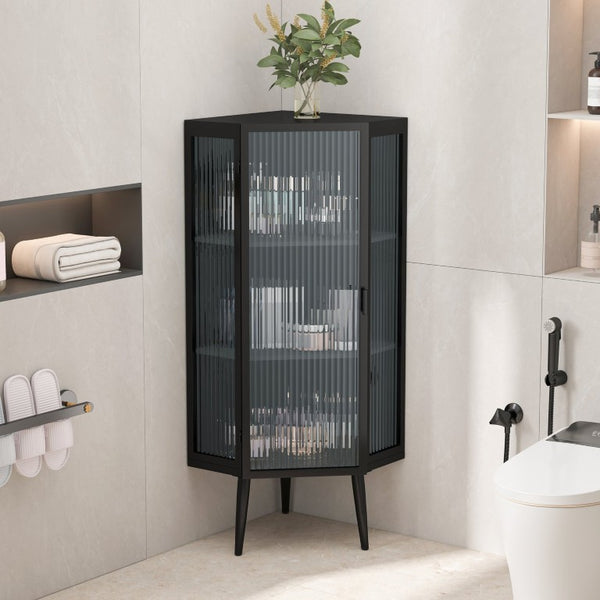 English Elm 22.25 Inch Triangular Corner Cabinet with Tempered Glass Door and Iron Frame Storage 22.25 x 16.54 x 43.3 inches W757P480559