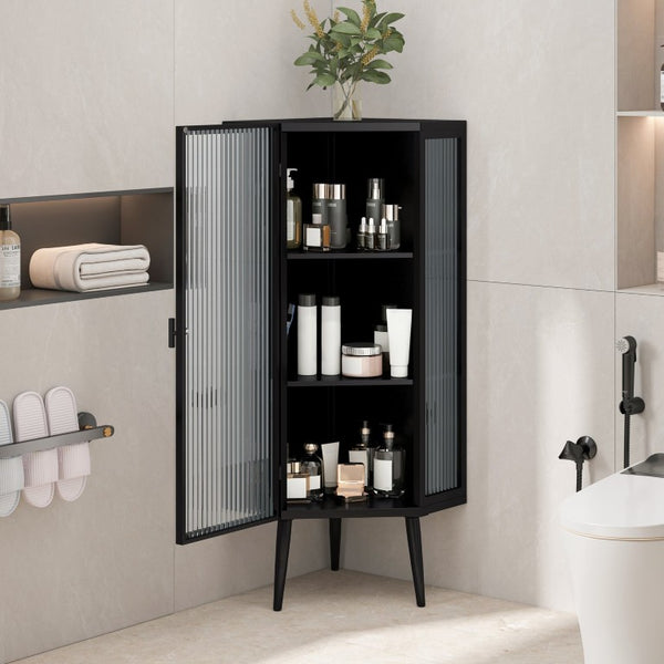 English Elm 22.25 Inch Triangular Corner Cabinet with Tempered Glass Door and Iron Frame Storage 22.25 x 16.54 x 43.3 inches W757P480559