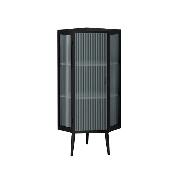 English Elm 22.25 Inch Triangular Corner Cabinet with Tempered Glass Door and Iron Frame Storage 22.25 x 16.54 x 43.3 inches W757P480559