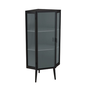 English Elm 22.25 Inch Triangular Corner Cabinet with Tempered Glass Door and Iron Frame Storage 22.25 x 16.54 x 43.3 inches W757P480559