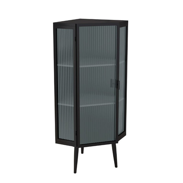 English Elm 22.25 Inch Triangular Corner Cabinet with Tempered Glass Door and Iron Frame Storage 22.25 x 16.54 x 43.3 inches W757P480559