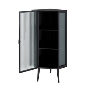 English Elm 22.25 Inch Triangular Corner Cabinet with Tempered Glass Door and Iron Frame Storage 22.25 x 16.54 x 43.3 inches W757P480559