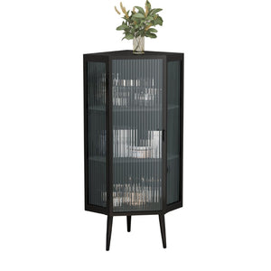 English Elm 22.25 Inch Triangular Corner Cabinet with Tempered Glass Door and Iron Frame Storage 22.25 x 16.54 x 43.3 inches W757P480559