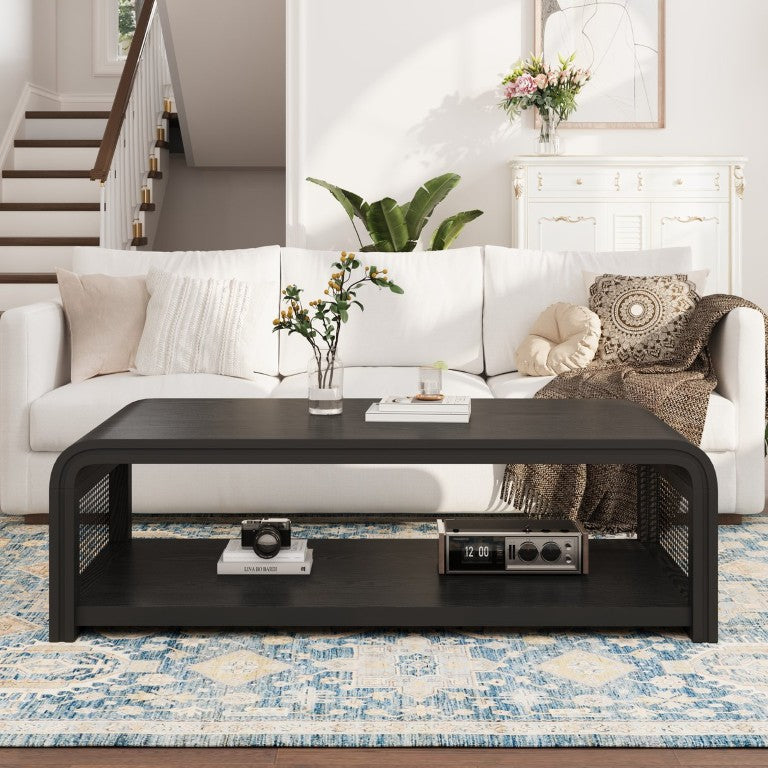 English Elm Curved Two Tier Rattan Side Coffee Table Boho Farmhouse Living Room Storage Shelf W757P482999