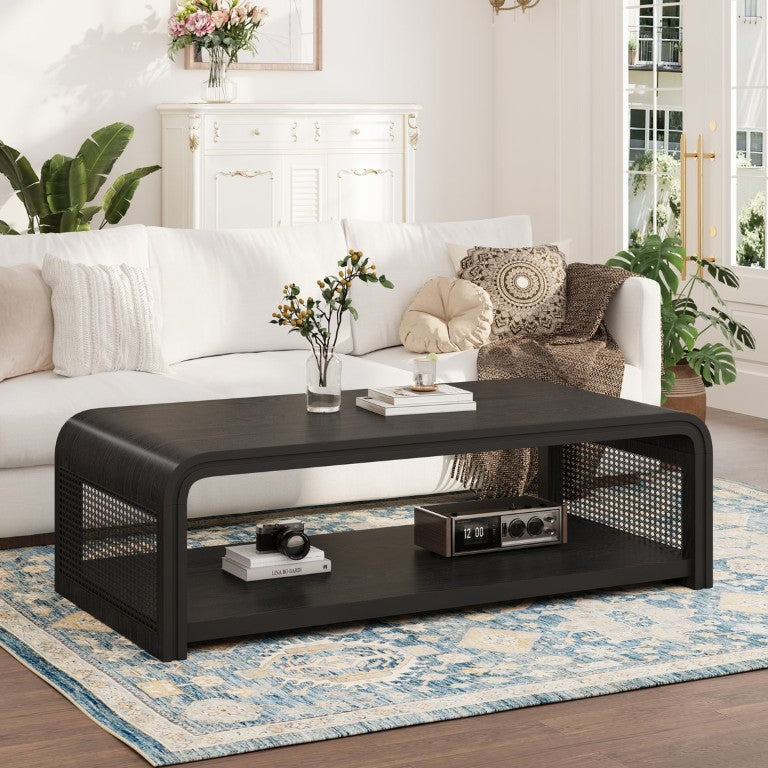 English Elm Curved Two Tier Rattan Side Coffee Table Boho Farmhouse Living Room Storage Shelf W757P482999