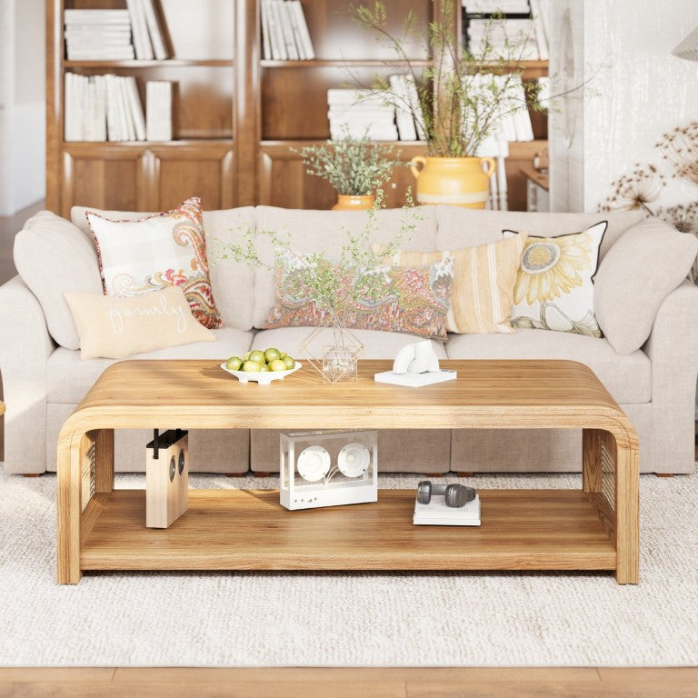 English Elm Curved Two Tier Rattan Side Coffee Table Boho Farmhouse Living Room Wood Storage W757P483003