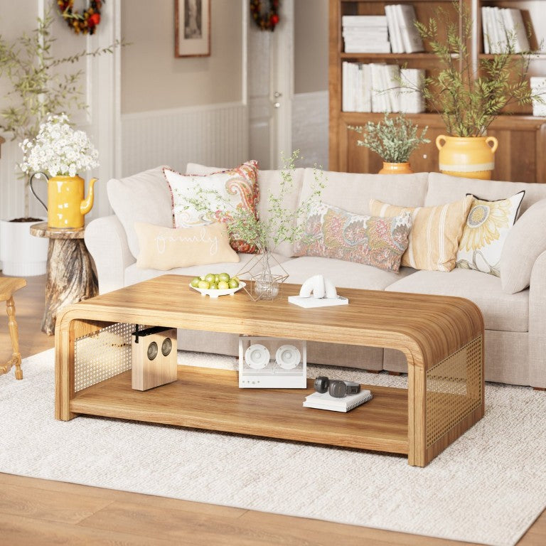 English Elm Curved Two Tier Rattan Side Coffee Table Boho Farmhouse Living Room Wood Storage W757P483003