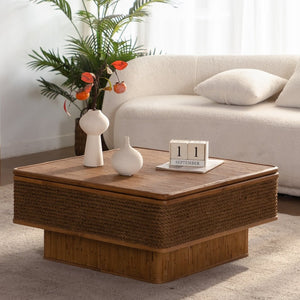 English Elm 31.52Square Rattan Hemp Rope Coffee Table with Lift Top Storage Bohemian Farmhouse Living Room W757P483787