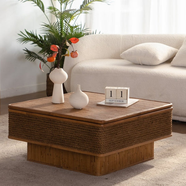 English Elm 31.52Square Rattan Hemp Rope Coffee Table with Lift Top Storage Bohemian Farmhouse Living Room W757P483787