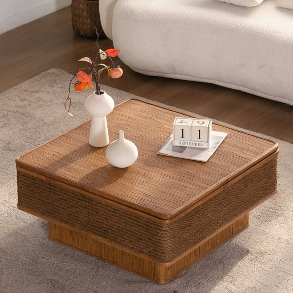 English Elm 31.52Square Rattan Hemp Rope Coffee Table with Lift Top Storage Bohemian Farmhouse Living Room W757P483787