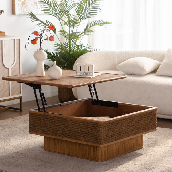 English Elm 31.52Square Rattan Hemp Rope Coffee Table with Lift Top Storage Bohemian Farmhouse Living Room W757P483787