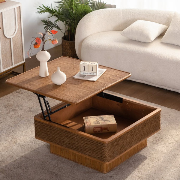 English Elm 31.52Square Rattan Hemp Rope Coffee Table with Lift Top Storage Bohemian Farmhouse Living Room W757P483787