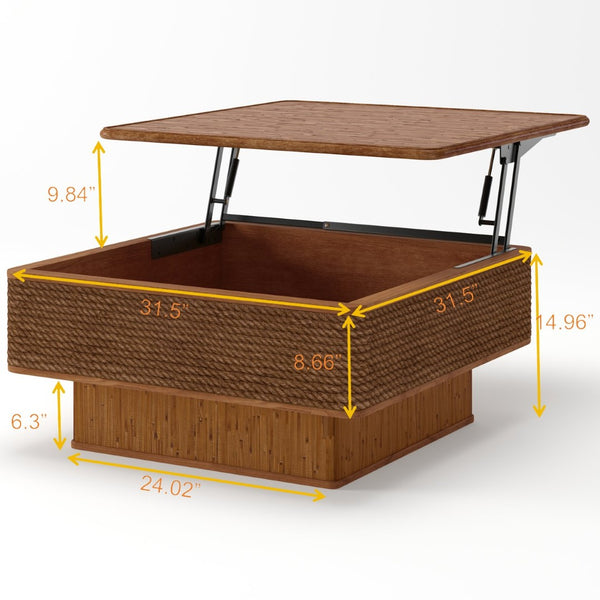 English Elm 31.52Square Rattan Hemp Rope Coffee Table with Lift Top Storage Bohemian Farmhouse Living Room W757P483787