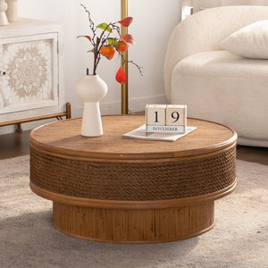 English Elm 31.5 Inch Round Hemp Rope Rattan Coffee Table with Hidden Storage Vintage Boho W757P483792